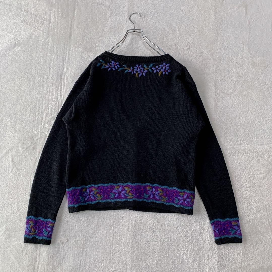 希少 80s エルエルビーン ウール ニット カーディガン 花柄 刺繍 フラワー