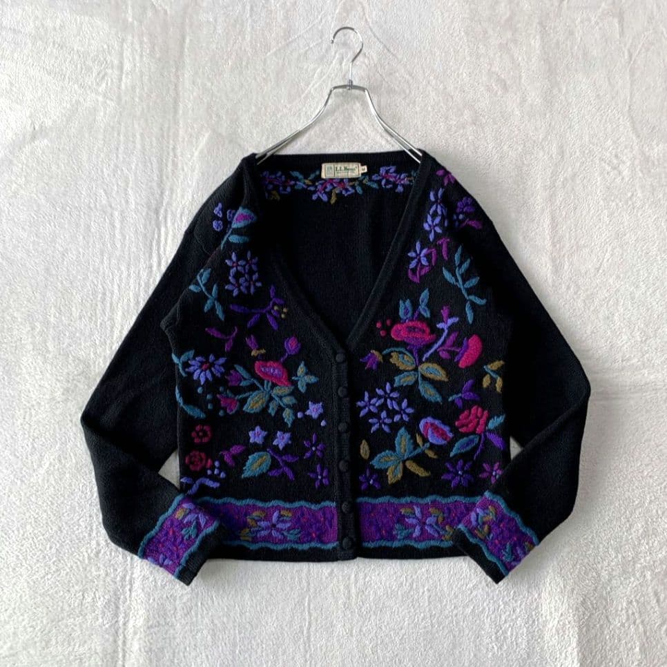 希少 80s エルエルビーン ウール ニット カーディガン 花柄 刺繍 フラワー
