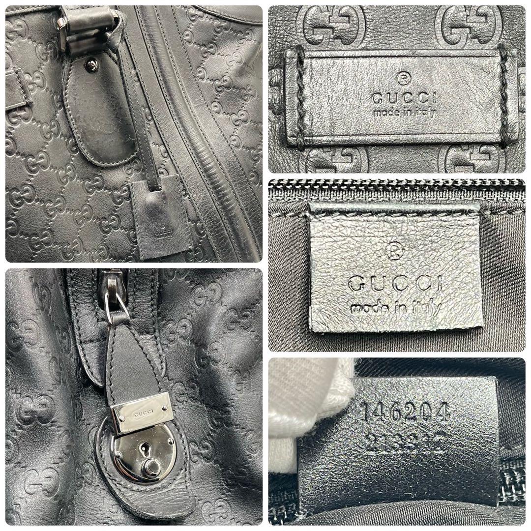 グッチ ボストンバッグ GGロゴ シマレザー 本革 A4◎ 大容量 ブラック