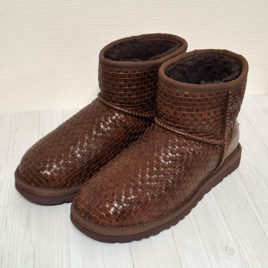 未使用級 UGG ブラウン レザー ムートンブーツ 22cm 編み込み 試着のみ