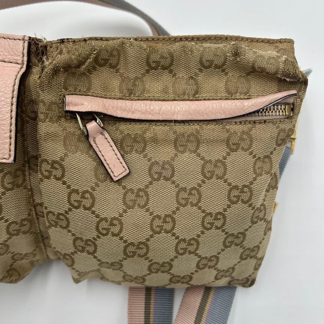 GUCCI GGキャンバス シェリーライン ウエストバッグ レザー　ピンク