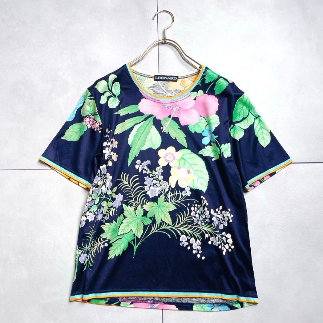レオナール LEONARD 花柄 Tシャツ 総柄 紺　ネイビー×マルチ M