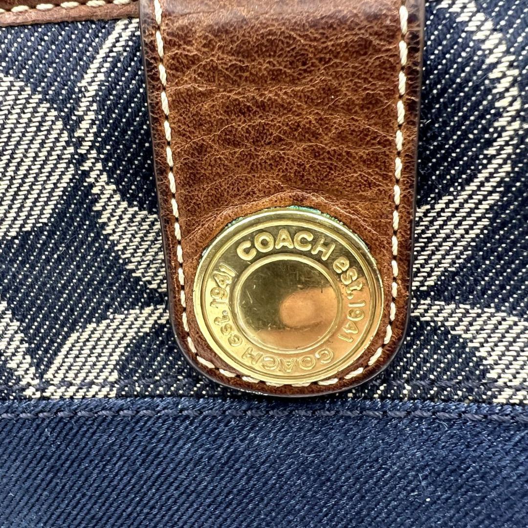良品 コーチ★2つ折ホックミドルウォレット 折財布 シグネチャーデニム 紺＆茶