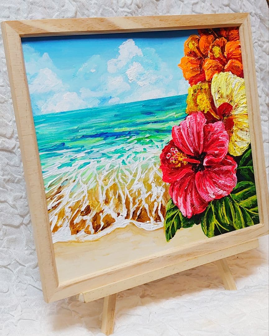 油絵 絵画【海とハイビスカス】