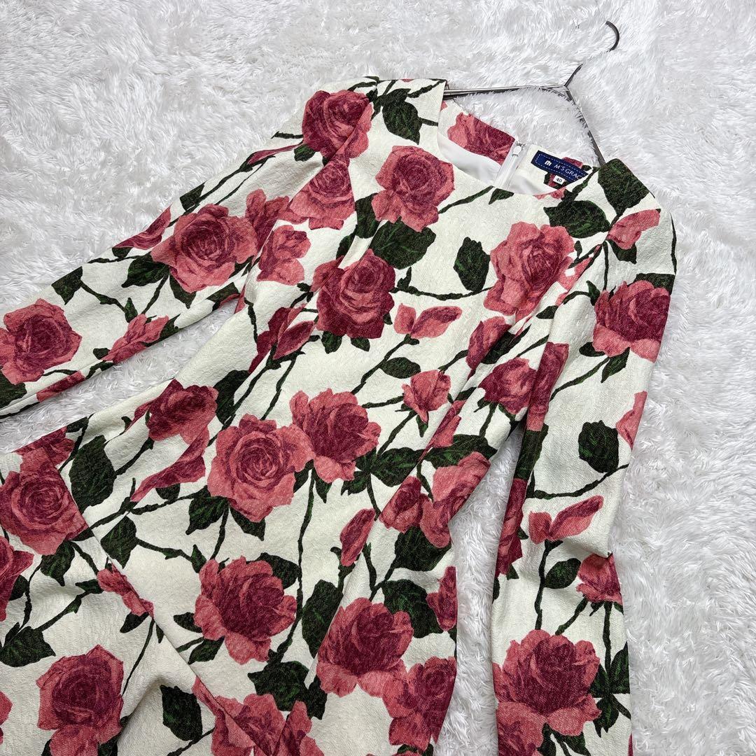 ✨美品✨エムズグレイシー 膝丈ワンピース 花柄 ローズ 長袖 サイズ 40／L