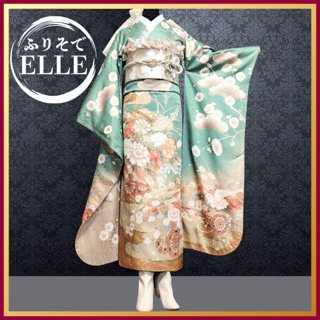 振袖フルセット(8点)・成人式・金駒刺繍・牡丹・ミントグリーン・くすみカラー