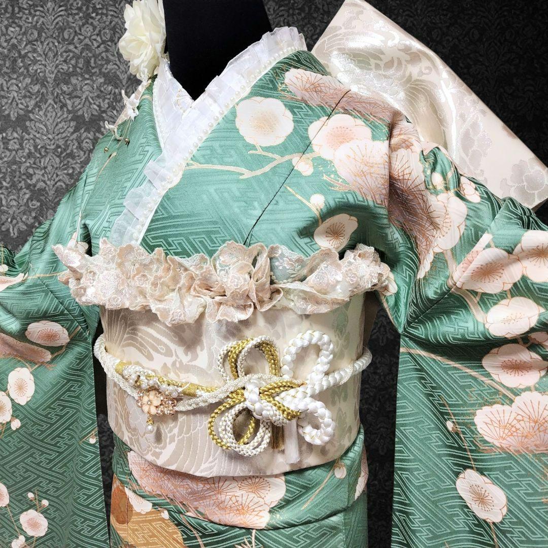 振袖フルセット(8点)・成人式・金駒刺繍・牡丹・ミントグリーン・くすみカラー