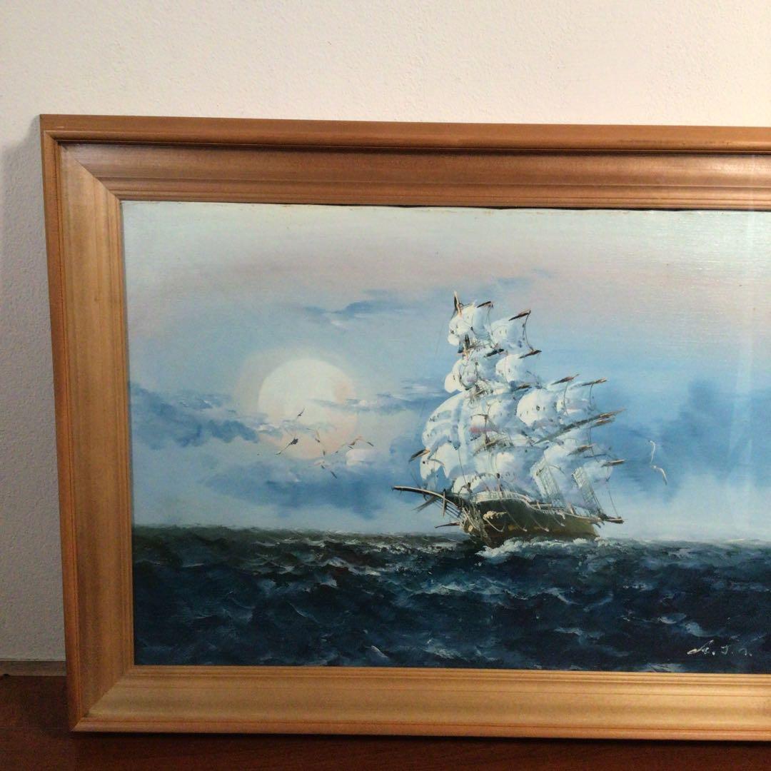 No4800 額装　油彩画　朝日　帆船　直筆サイン　箱付　絵画　美術　送料無料
