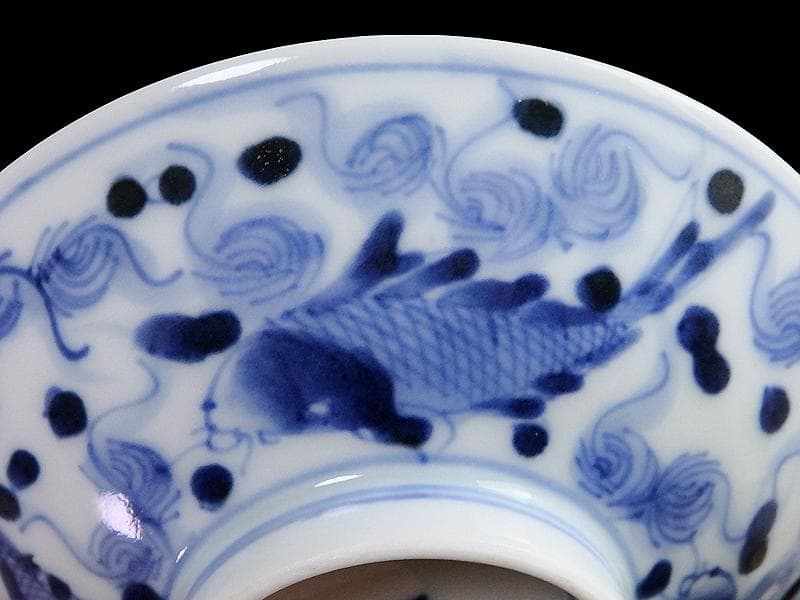 古伊万里　染付　流水に鯉の図　蓋茶碗　E871AS-fbsn