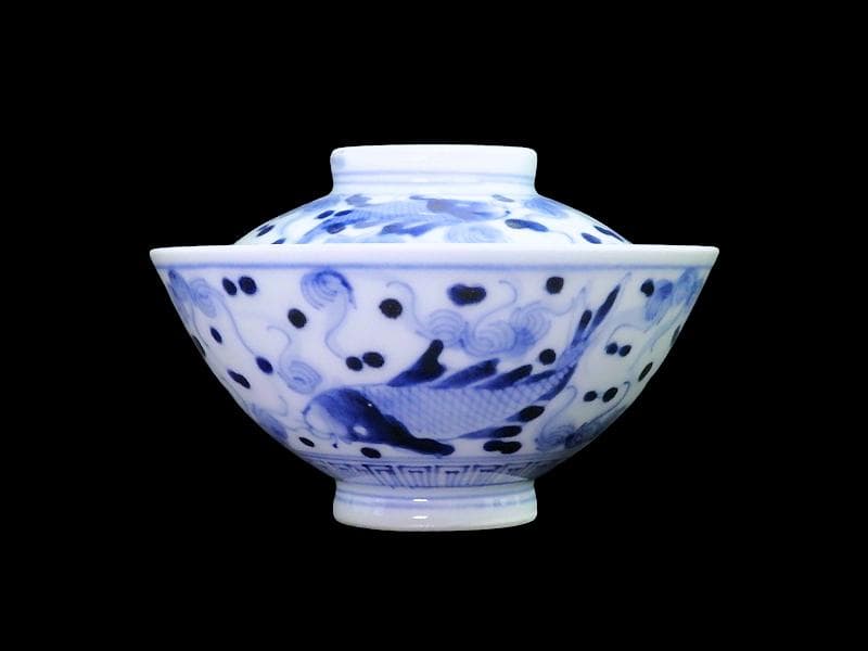 古伊万里　染付　流水に鯉の図　蓋茶碗　E871AS-fbsn