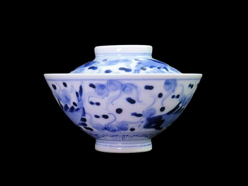 古伊万里　染付　流水に鯉の図　蓋茶碗　E871AS-fbsn