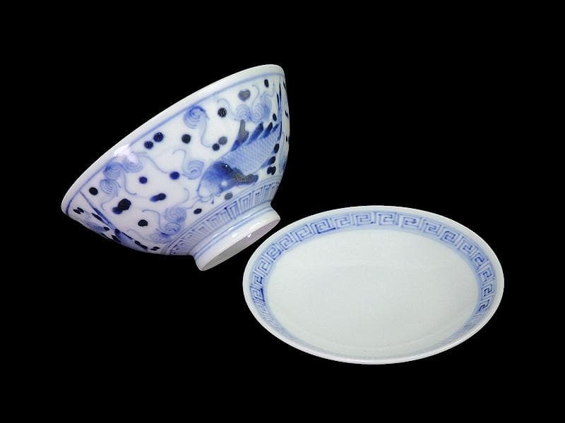 古伊万里　染付　流水に鯉の図　蓋茶碗　E871AS-fbsn
