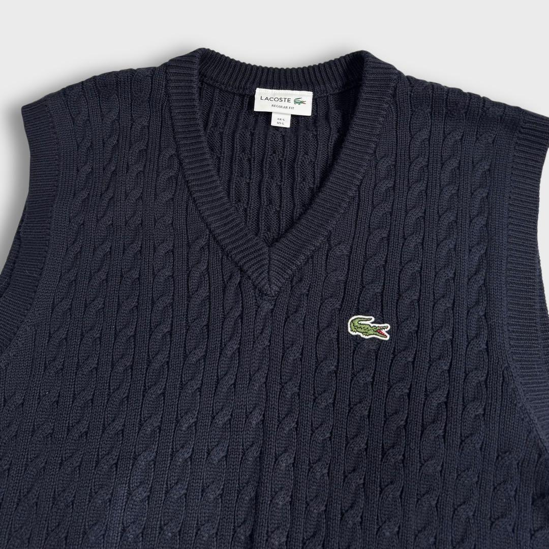 美品 XL ラコステ ケーブルニット Vネック ベスト LACOSTE ネイビー