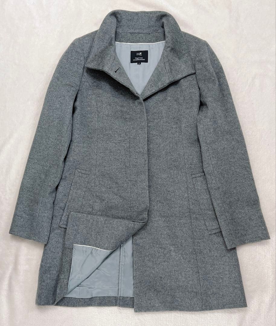 【美品】23区 スタンドカラーコート カシミヤ100% グレー 比翼 38