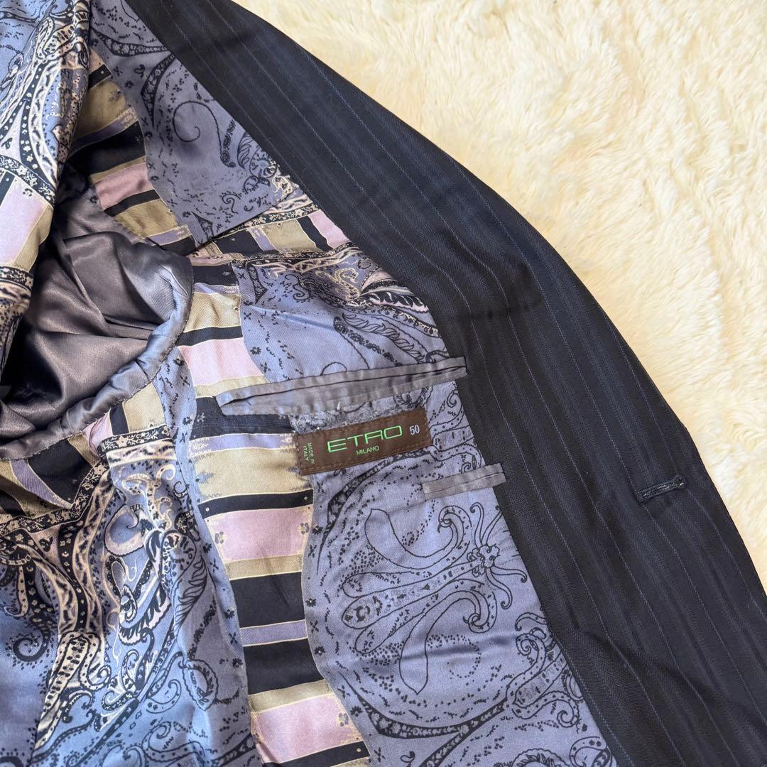 未使用　ETRO ストライプ柄セットスーツ 裏地ペイズリー シルク ネイビー