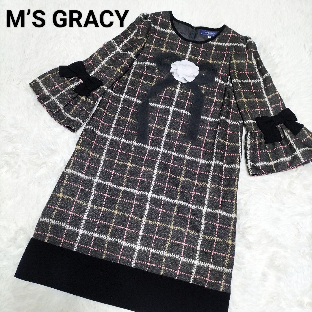✨極美品✨ M'S GRACY ツイードライクプリントワンピース リボン 膝丈