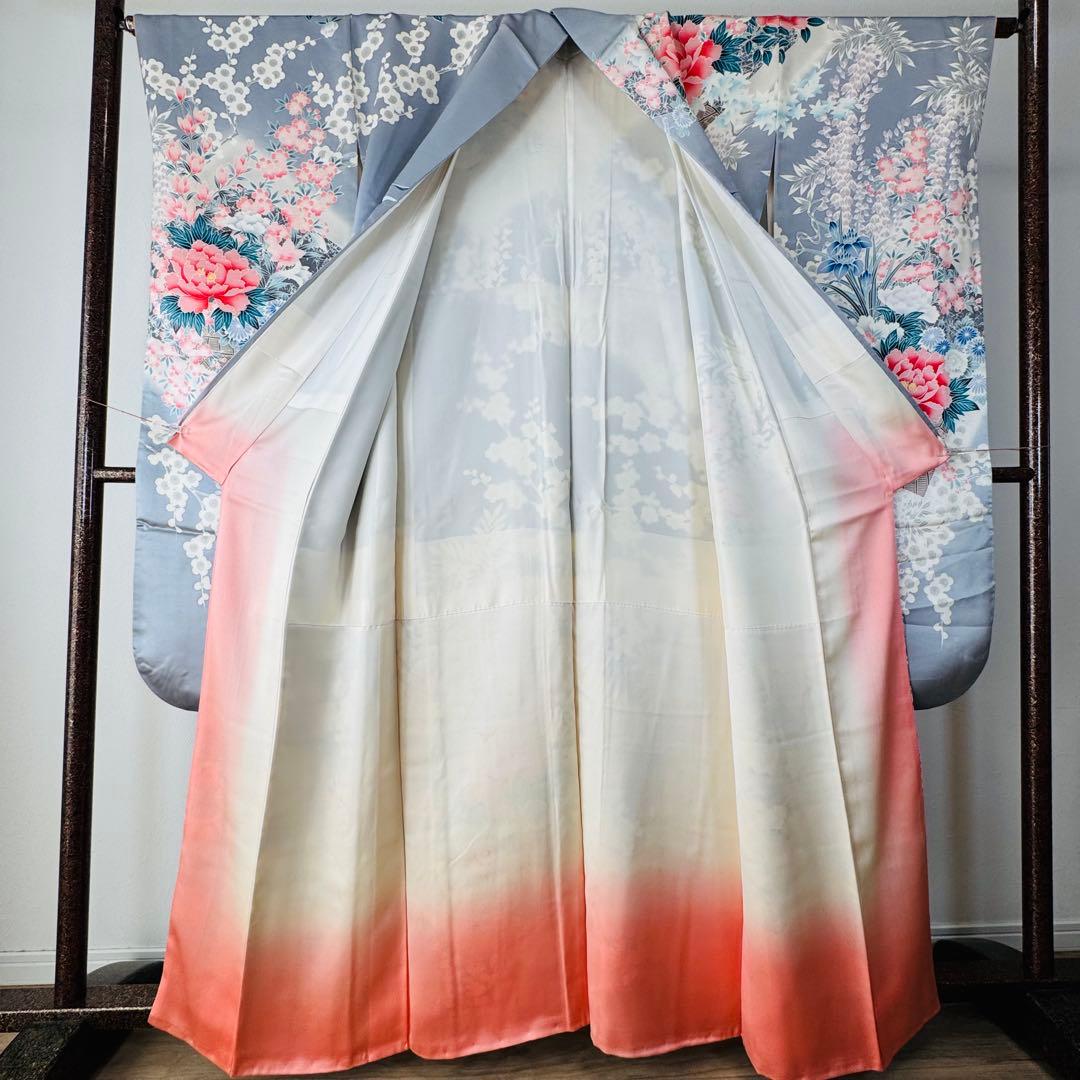 美品　現代　振袖　成人式　着物　正絹　163裄68 シルバー　水色　ピンク　花柄