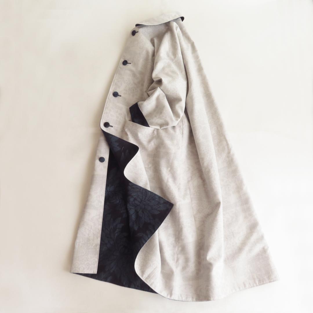 着物リメイク　結城紬　正絹紬　リバーシブル　ロング　コート 　マキシ　羽織