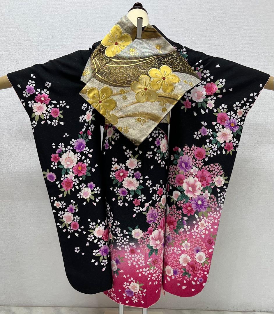 振り袖　フルセット　長襦袢　黒地　成人式　金彩加工　刺繍入り　銀通し　810