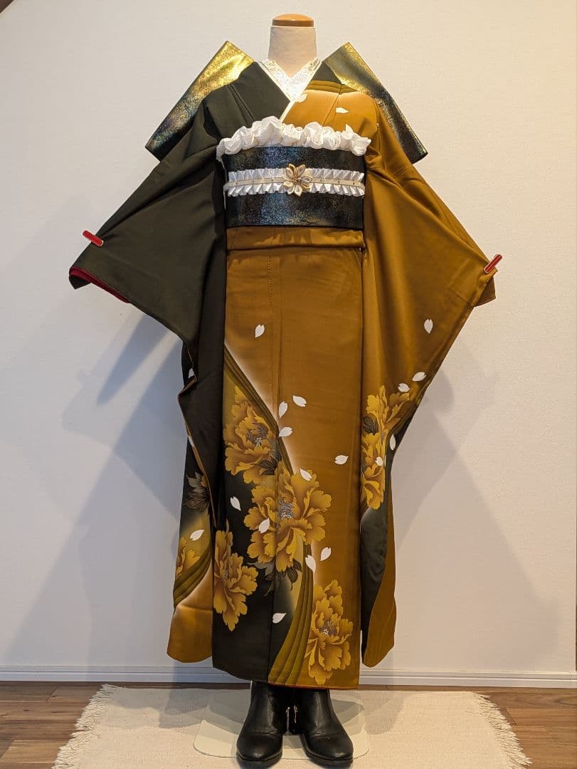 振袖フルセット 身丈166裄70 暈し染め キャメル 刺繍 正絹 成人式 逸品