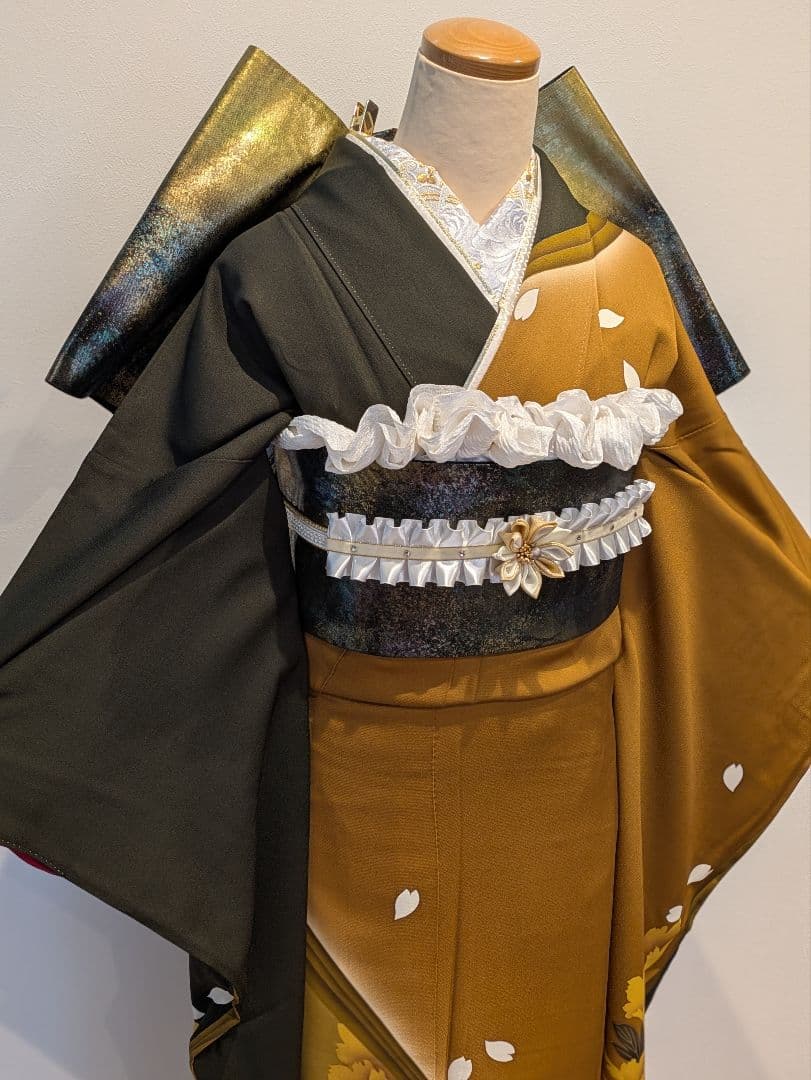 振袖フルセット 身丈166裄70 暈し染め キャメル 刺繍 正絹 成人式 逸品