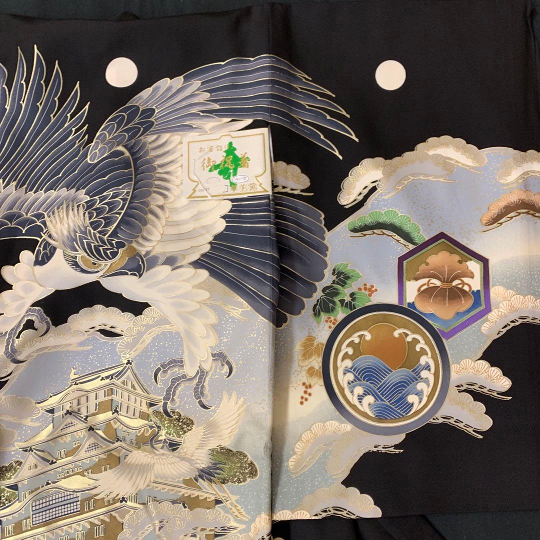 新品（純古典）お宮参り 産着 祝着　京友禅工芸染大鷹と日本一の城主豪華鶴松祝い文