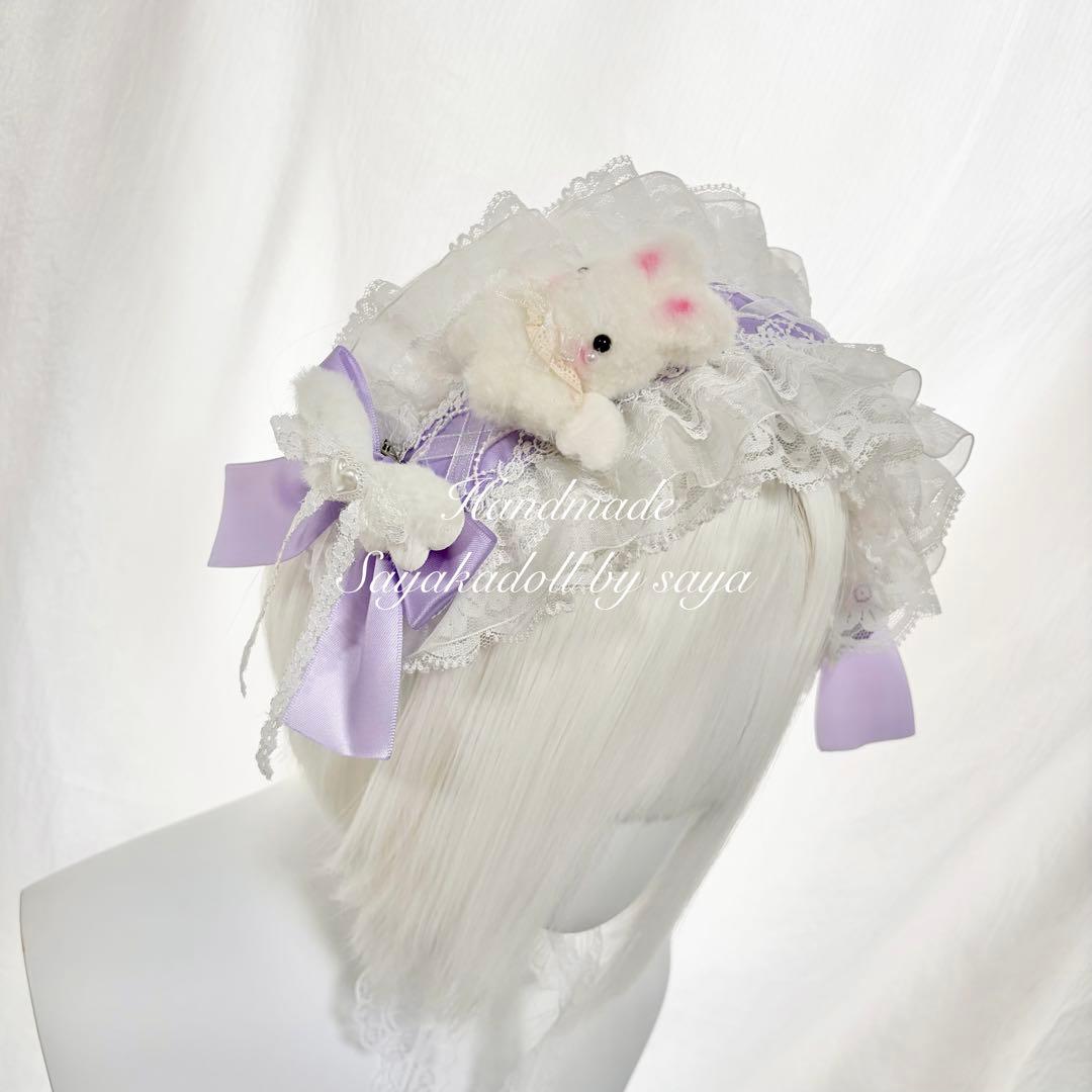 ♡ No.2 天使のうさぎさん付き 編み上げリボンヘッドドレス purple ♡