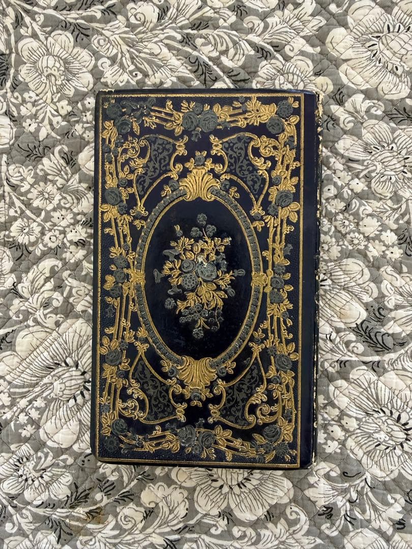 フランスアンティーク古書ロマンティック本女性と薔薇の金箔押しネイビーの洋書