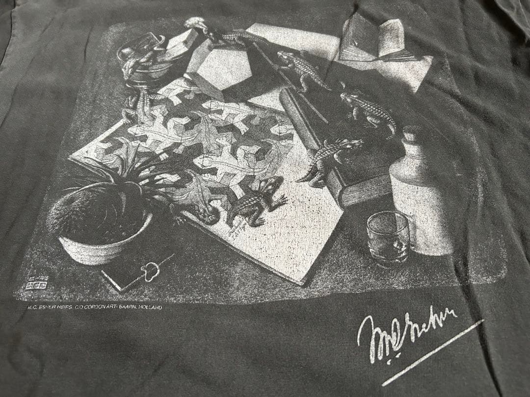 vintage ANDAZIA エッシャー　騙し絵Tシャツ　鬼フェード　炭黒