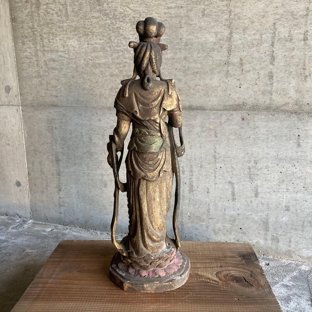 古い仏像 観音菩薩 立像 木製 木彫り 彫刻 置物 古美術 骨董品 レトロ