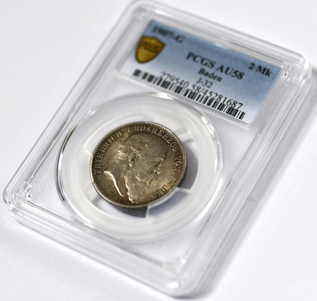 ドイツ銀貨　2マルク 1907-G バーデンシルバー　PCGS　AU58