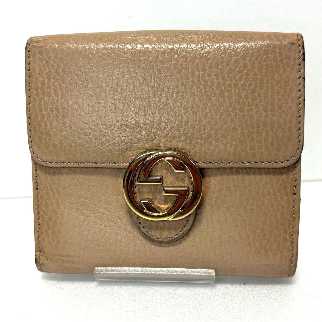 ✨極美品✨グッチ　二つ折り　インターロッキング　ゴールド金具　レザー　ベージュ