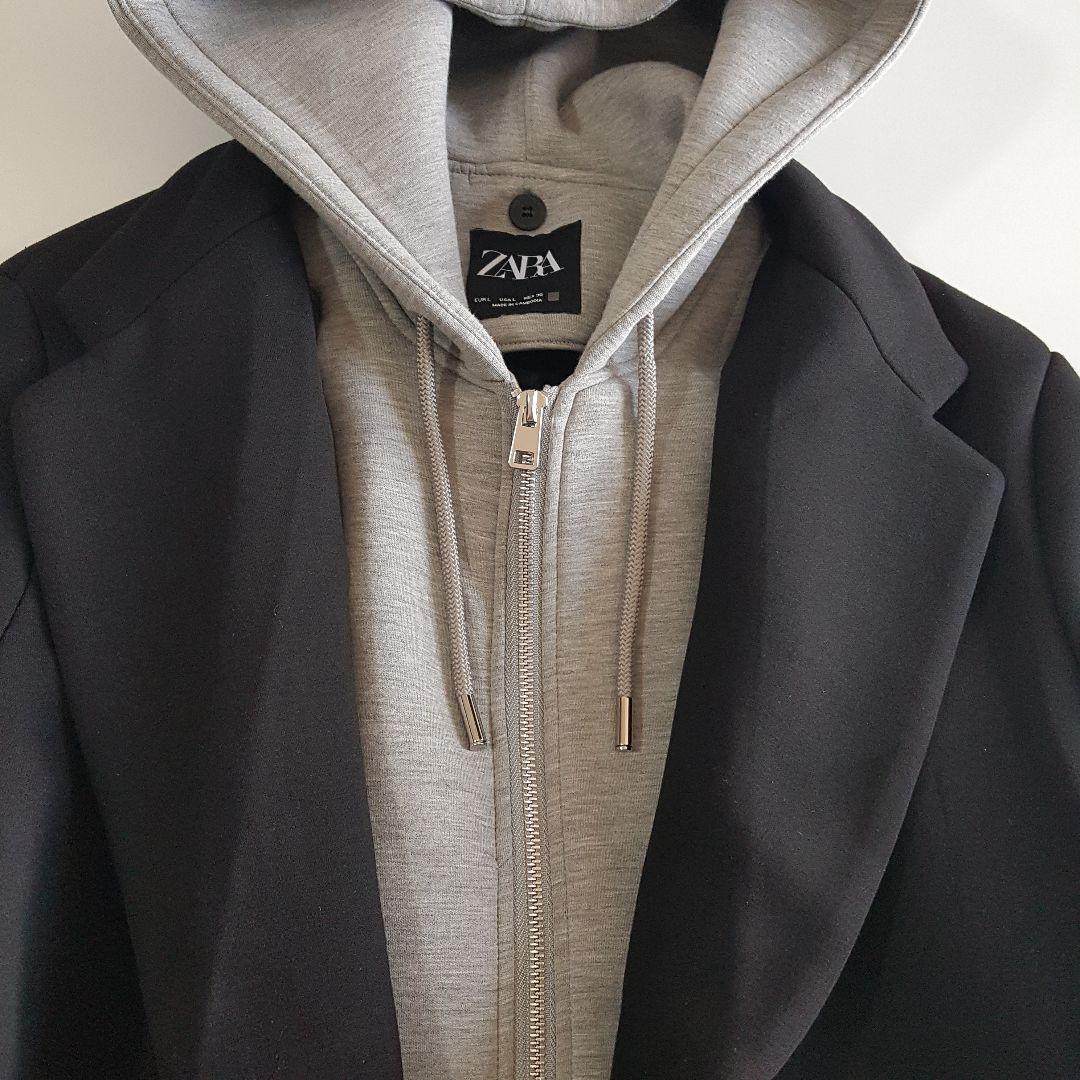 ZARA レディース 2in1 レイヤード フーデットコート 黒 Lサイズ