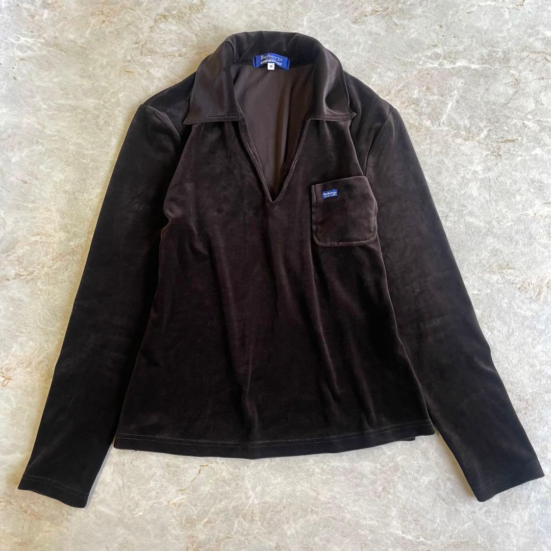 美品 BURBERRY BLUE LABEL スキッパー ベロア 長袖ポロシャツ
