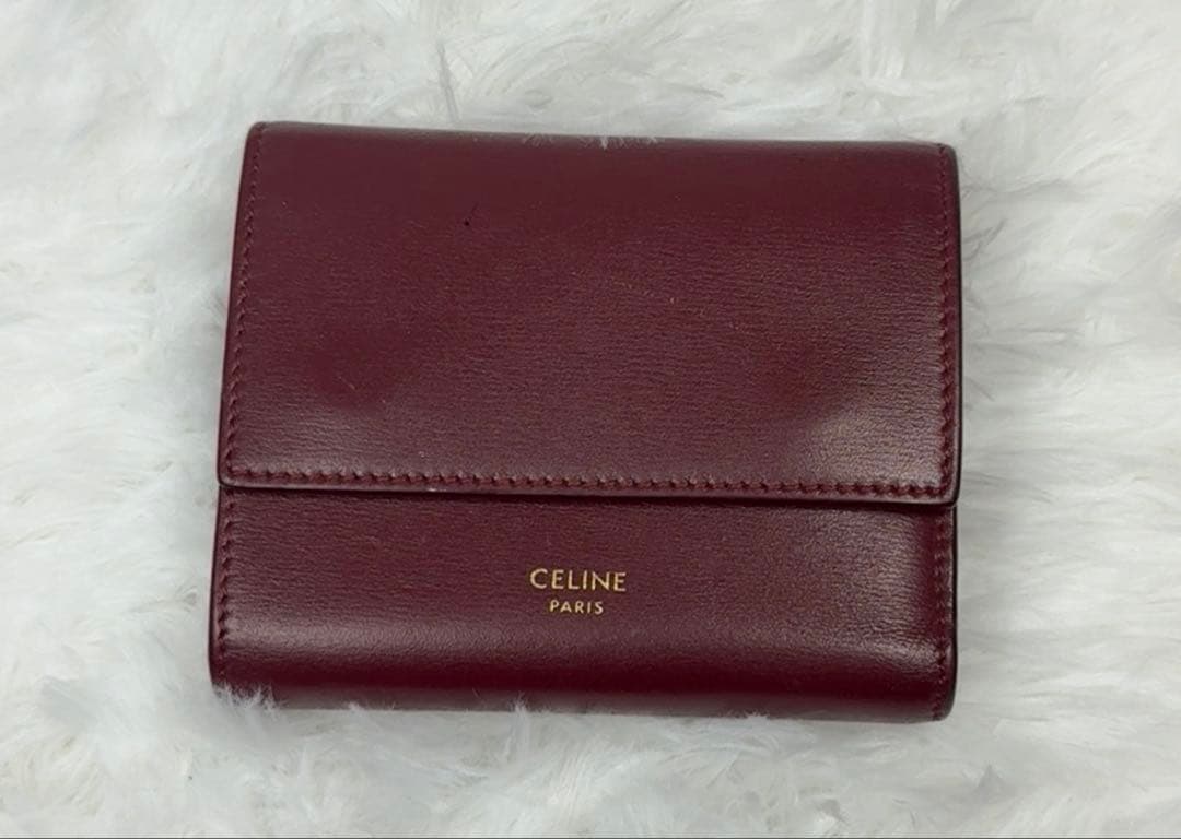 【美品】CELINEセリーヌ三つ折り財布 ボルドー バーガンディ正規品　箱付き