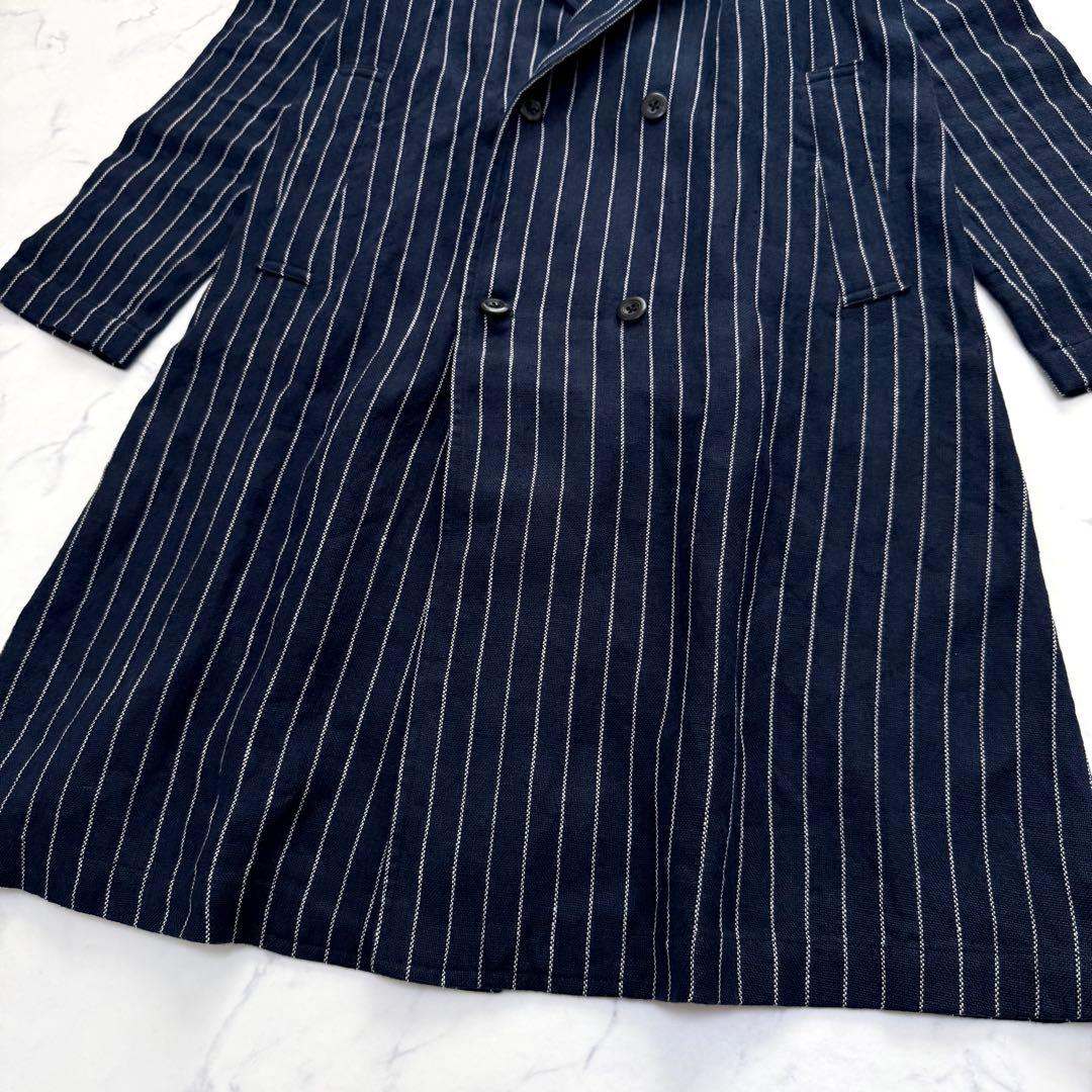 美品✨45R✨定価９万✨リネンストライプロングコート　ネイビー　Lサイズ　麻