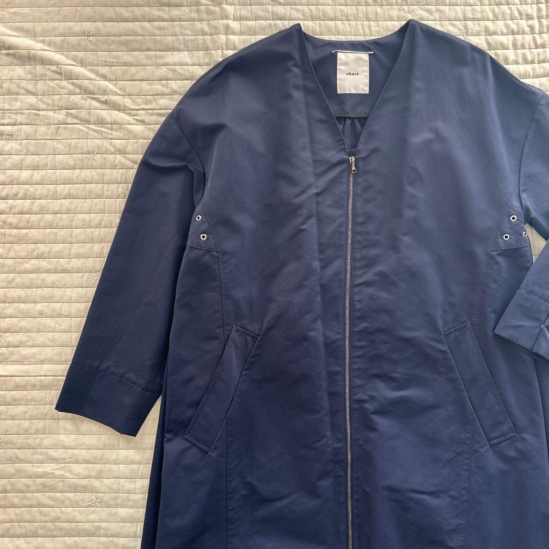 【ebure エブール】ノーカラーコート　ネイビー　ロングコート