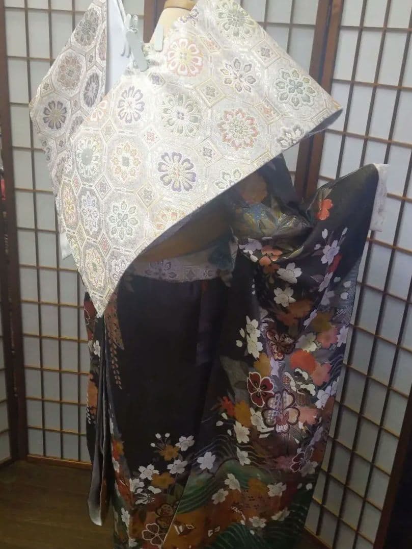 470古典柄　焦げ茶×深緑　金彩　正絹振袖7点フルセット成人式卒業結婚式謝恩会
