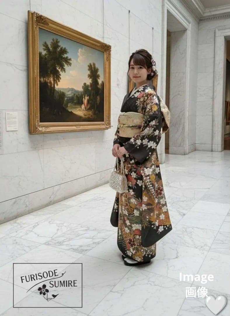 470古典柄　焦げ茶×深緑　金彩　正絹振袖7点フルセット成人式卒業結婚式謝恩会