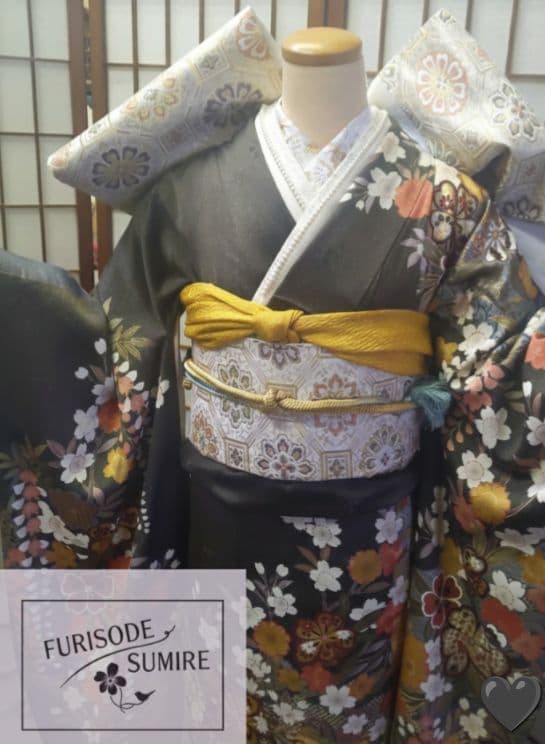 470古典柄　焦げ茶×深緑　金彩　正絹振袖7点フルセット成人式卒業結婚式謝恩会