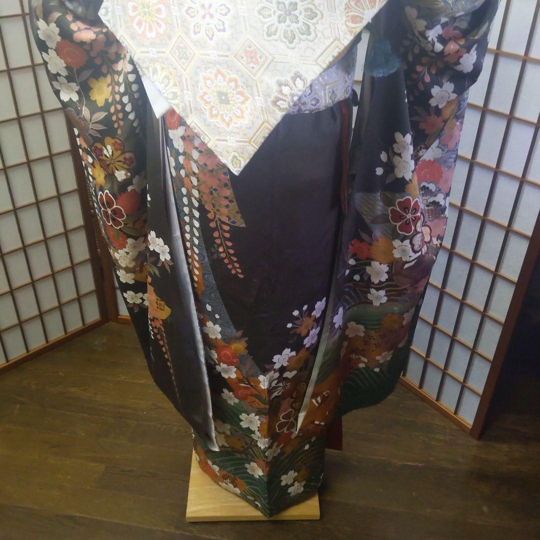 470古典柄　焦げ茶×深緑　金彩　正絹振袖7点フルセット成人式卒業結婚式謝恩会