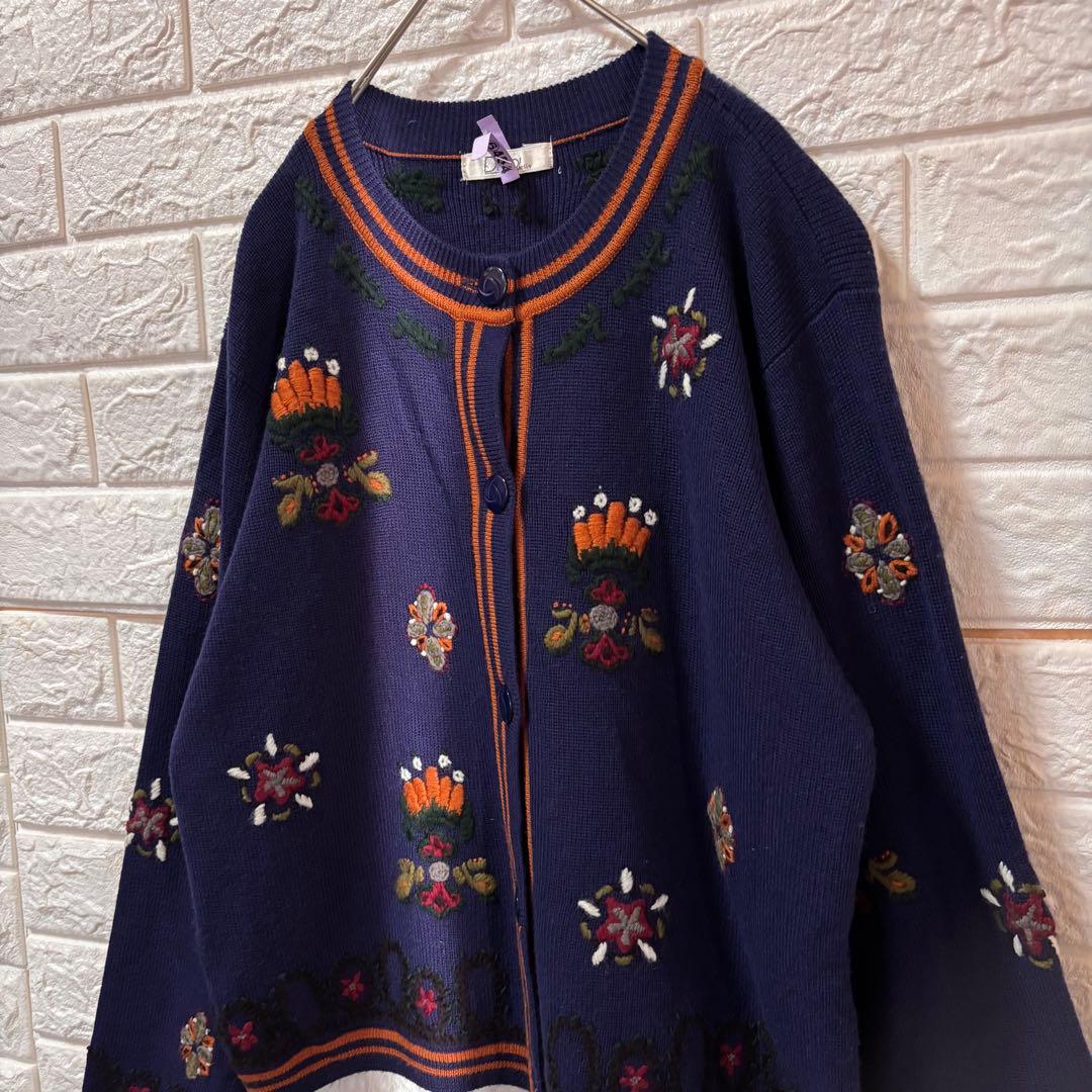 レトロ ヴィンテージ カーディガン 花柄 刺繍 ウール100% Dusol