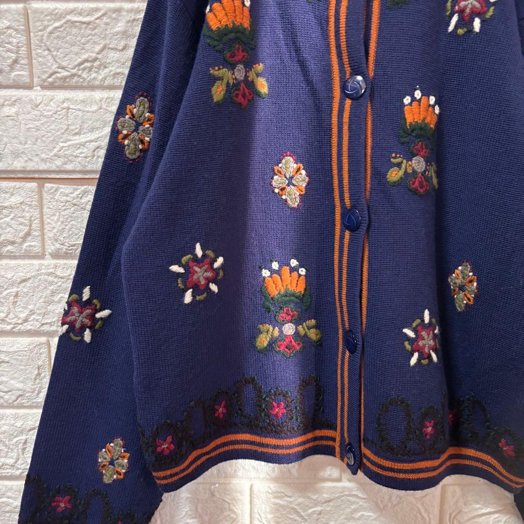 レトロ ヴィンテージ カーディガン 花柄 刺繍 ウール100% Dusol