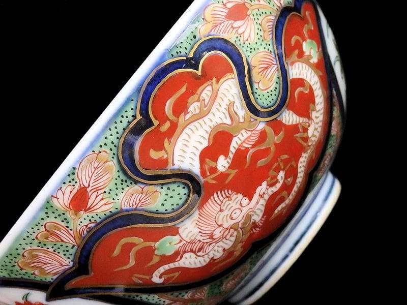 大聖寺伊万里　金襴手　団龍紋に花の図　蓋茶碗　C676AS-fbmt