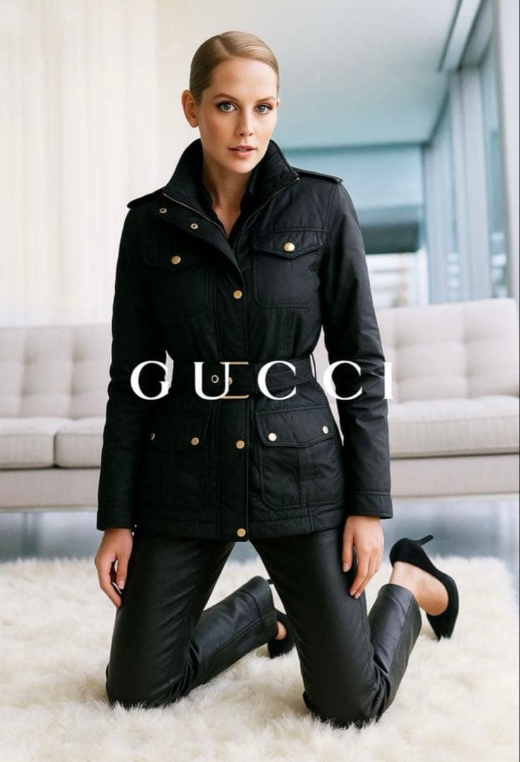 美品　GUCCIグッチ　モノグラム　 ベルテッド ブルゾン　中綿コート ブラック