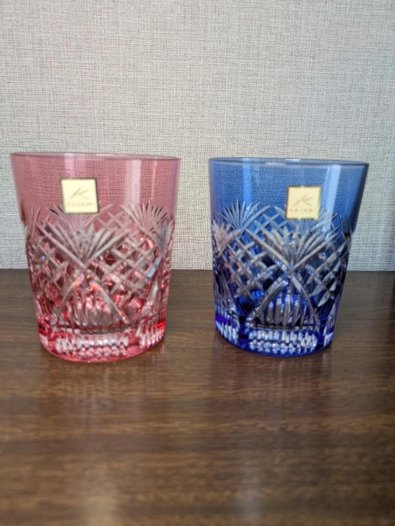 赤と青 江戸切子　カガミクリスタル カットグラス ペアセット