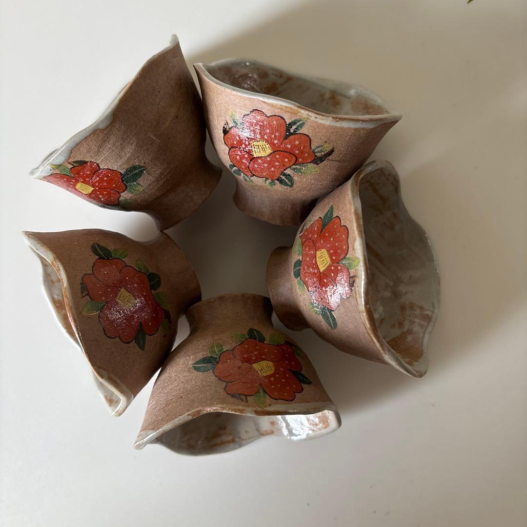 茶道具 萬古焼 成月作 色絵絵替え手捻り煎茶碗(五客)猪口ぐい呑み