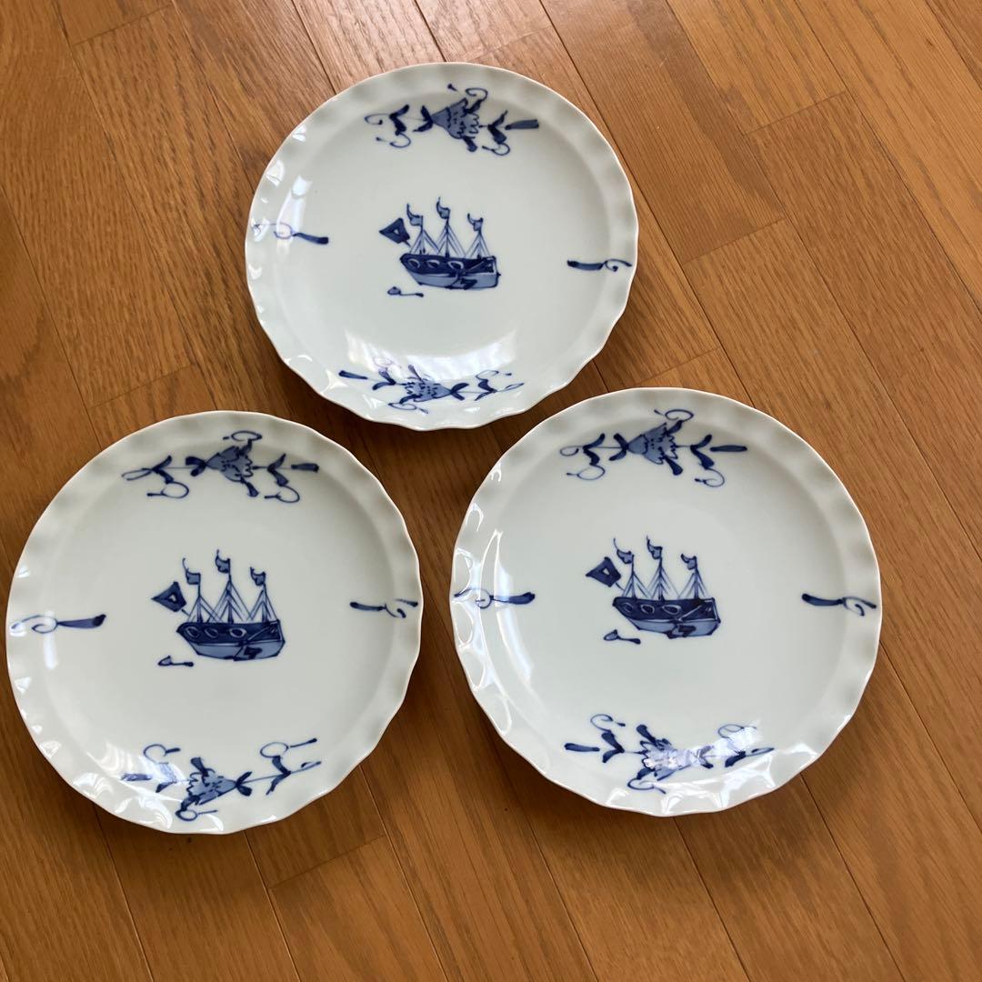 有田　しん窯　船の絵柄 波型皿 3枚セット　青花　美品