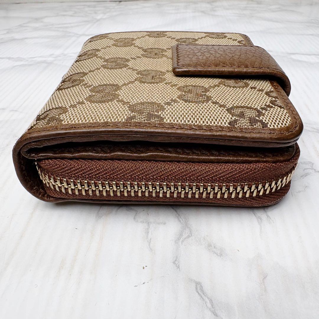 011 極美品 GUCCI 二つ折り財布 ラウンドファスナー GG柄 茶 m6