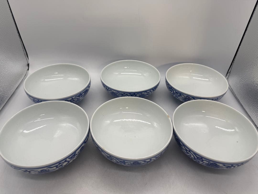大聖寺伊万里　染付　萬珠堂製　花卉紋鉢6点　送料込み251226